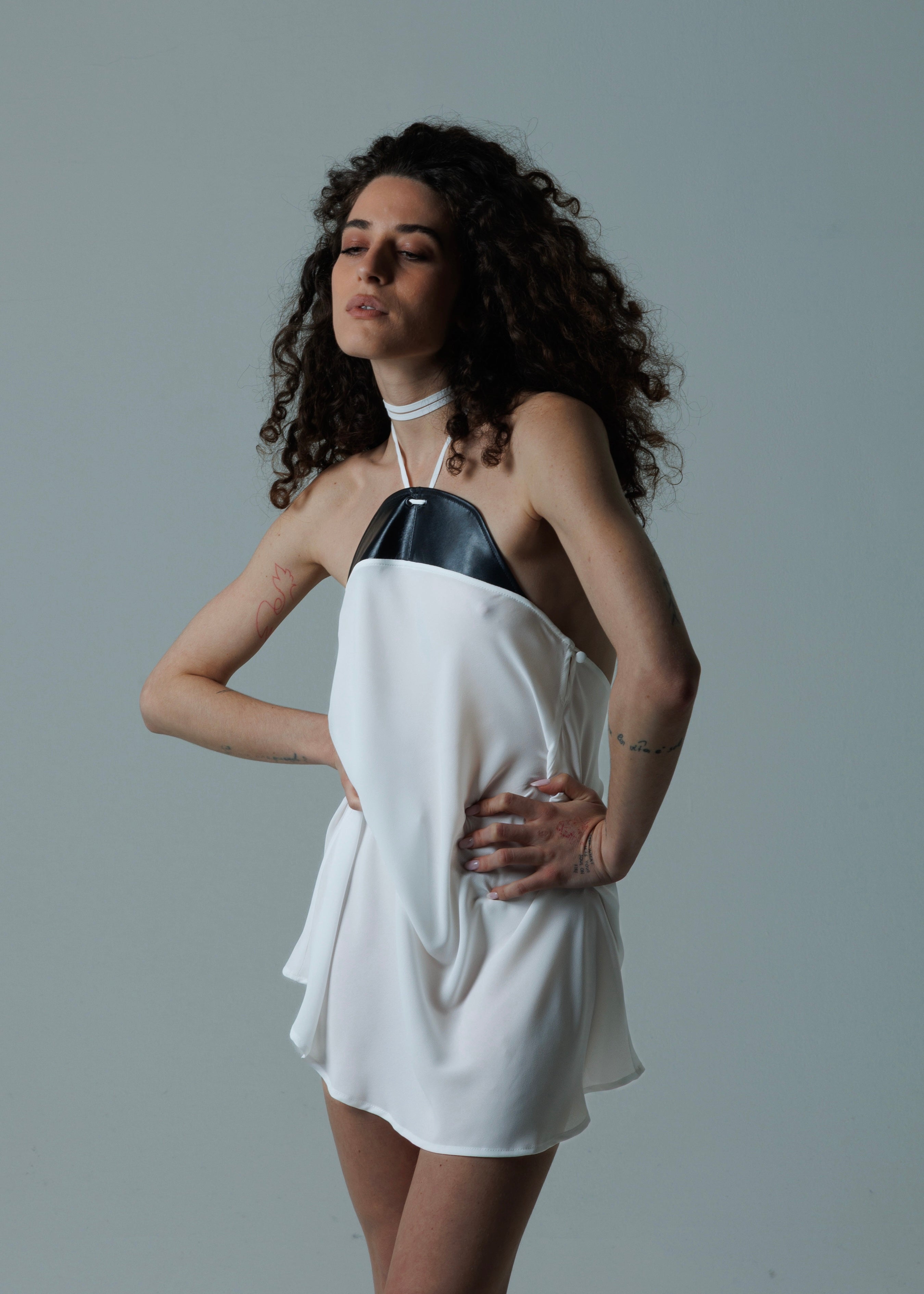 Mini Abito "Flem" bianco in Tessuto e Pelle