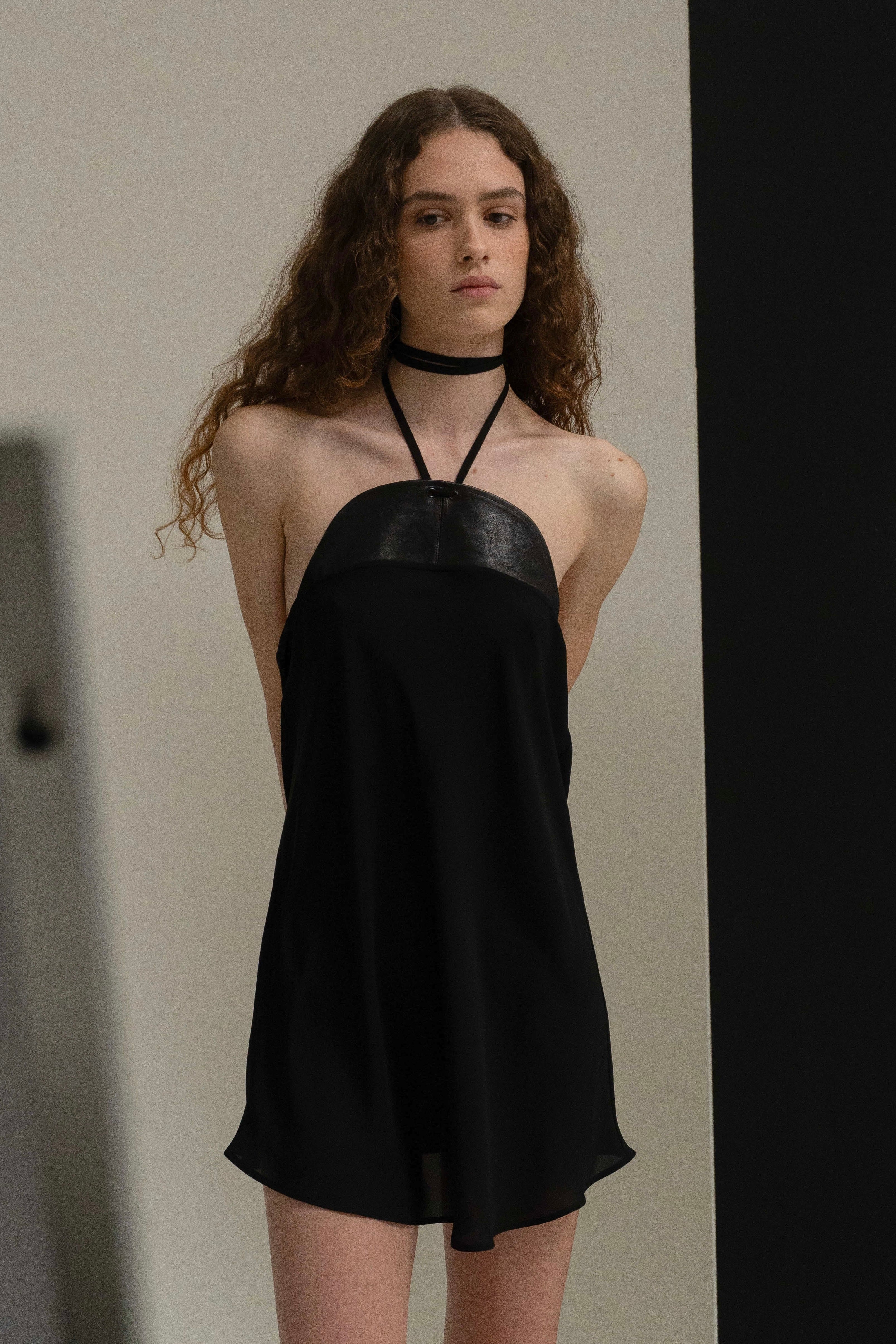 Black "Flem" Mini Dress in Fabric and Leather